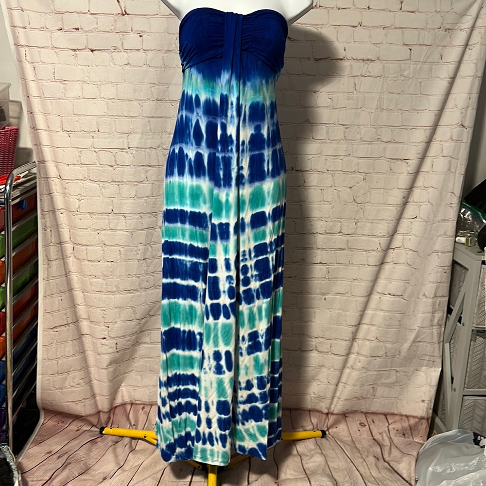 Blue and White Strapless Maxi Dress